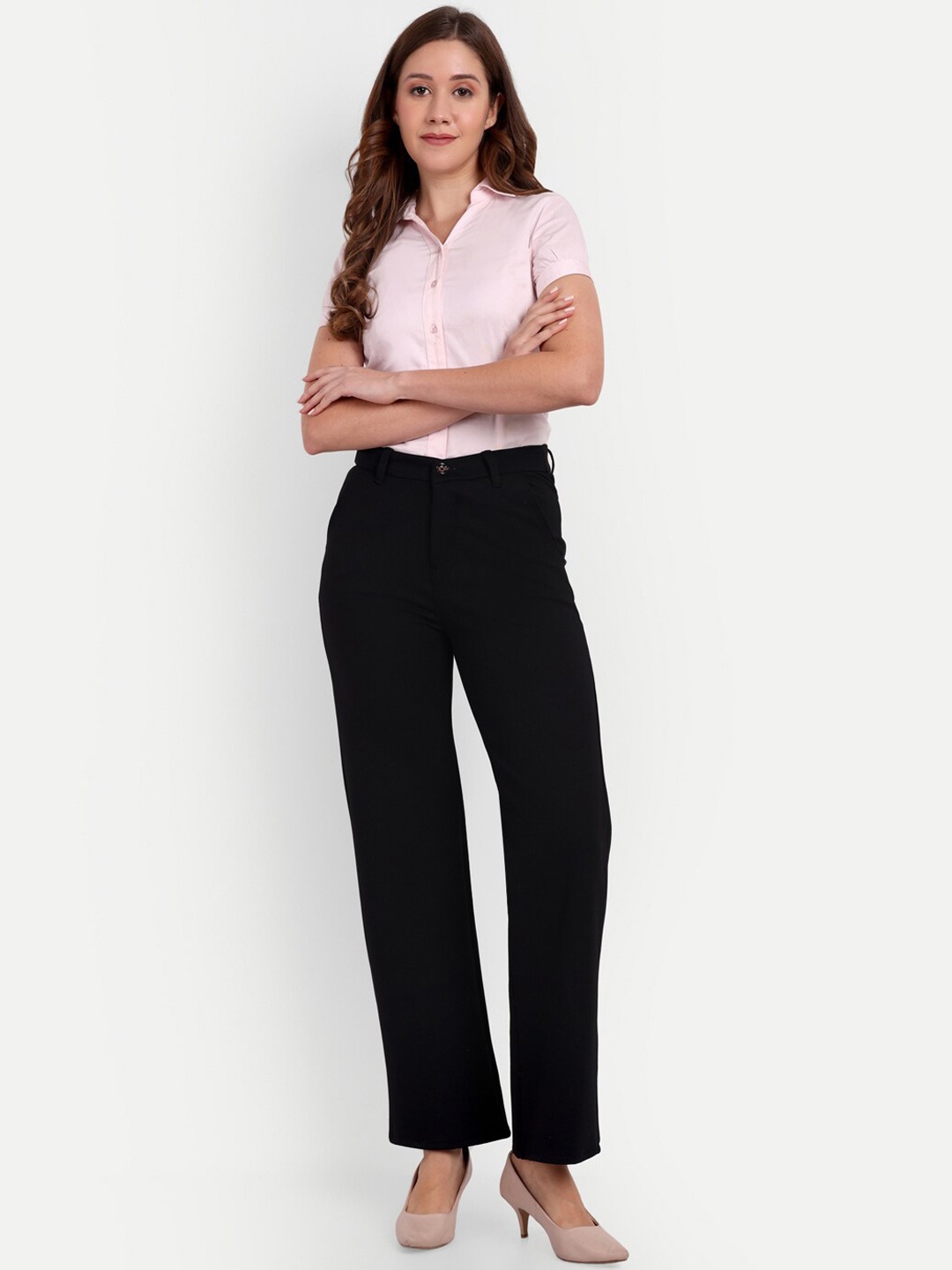 

BROADSTAR Women Smart Flat-Front High-Rise Wide Leg Stretchable Formal Parallel Trousers, Black