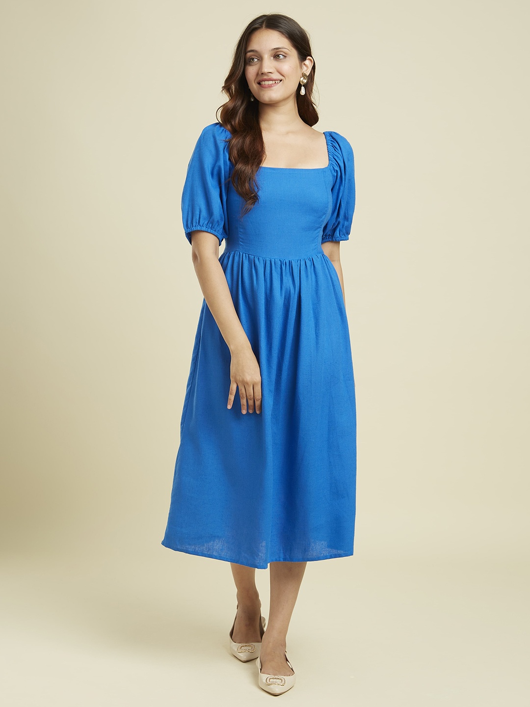 

Bombay Bloom Puff Sleeve Linen A-Line Sqaured Neck Midi Dress, Blue