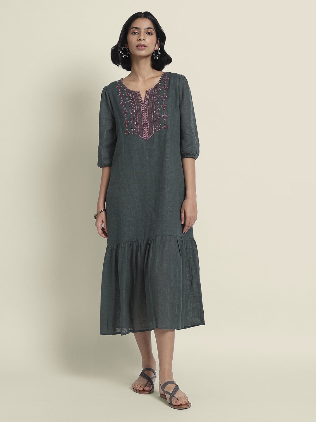 

Bombay Bloom Linen Drop-Waist Puff Sleeves Midi Dress, Olive