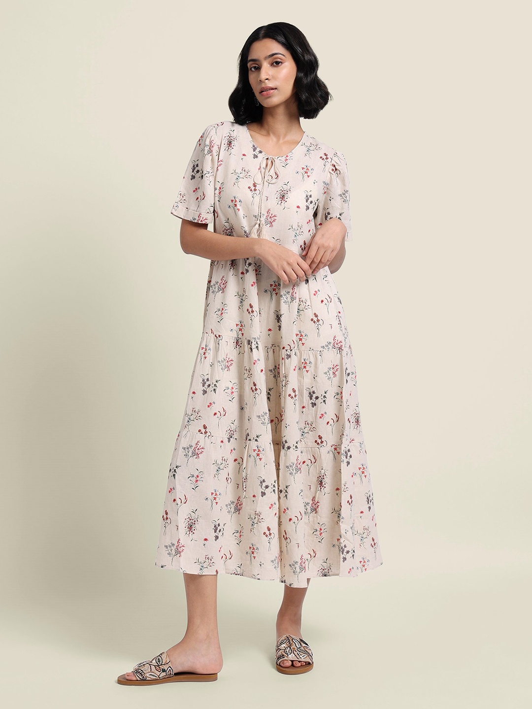 

Bombay Bloom Floral Printed Bell Sleeve Linen Fit & Flare Midi Dress, Cream