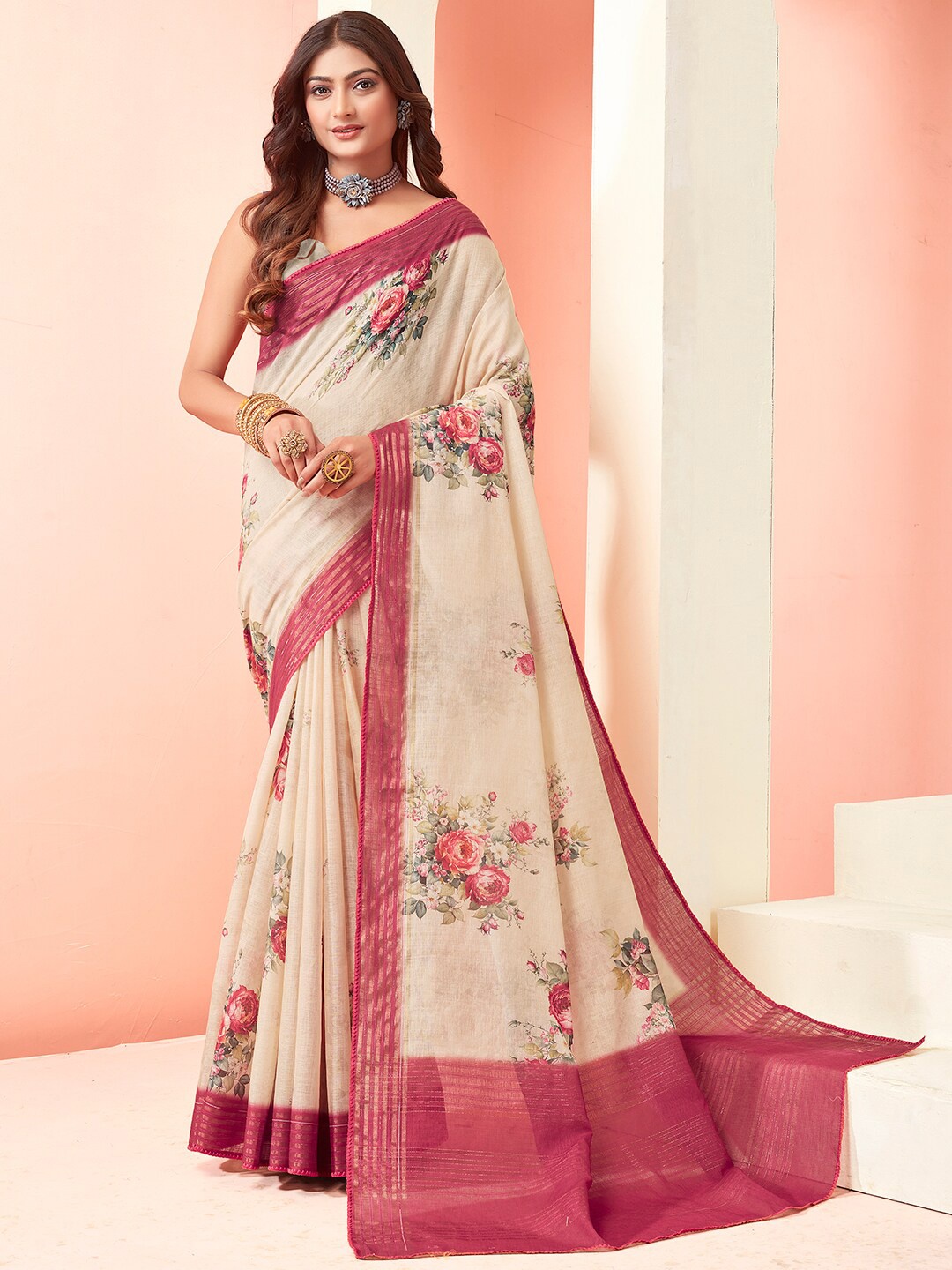 

SANSKAR Floral Zari Pure Cotton Saree, Beige