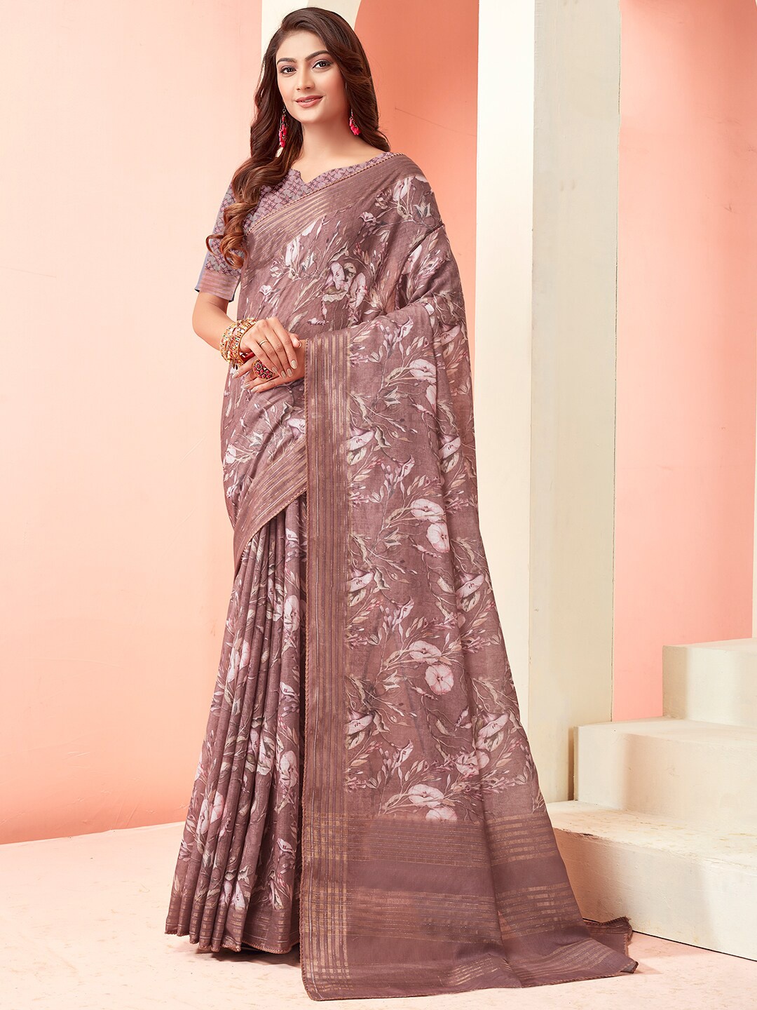 

SANSKAR Floral Zari Pure Cotton Saree, Rust