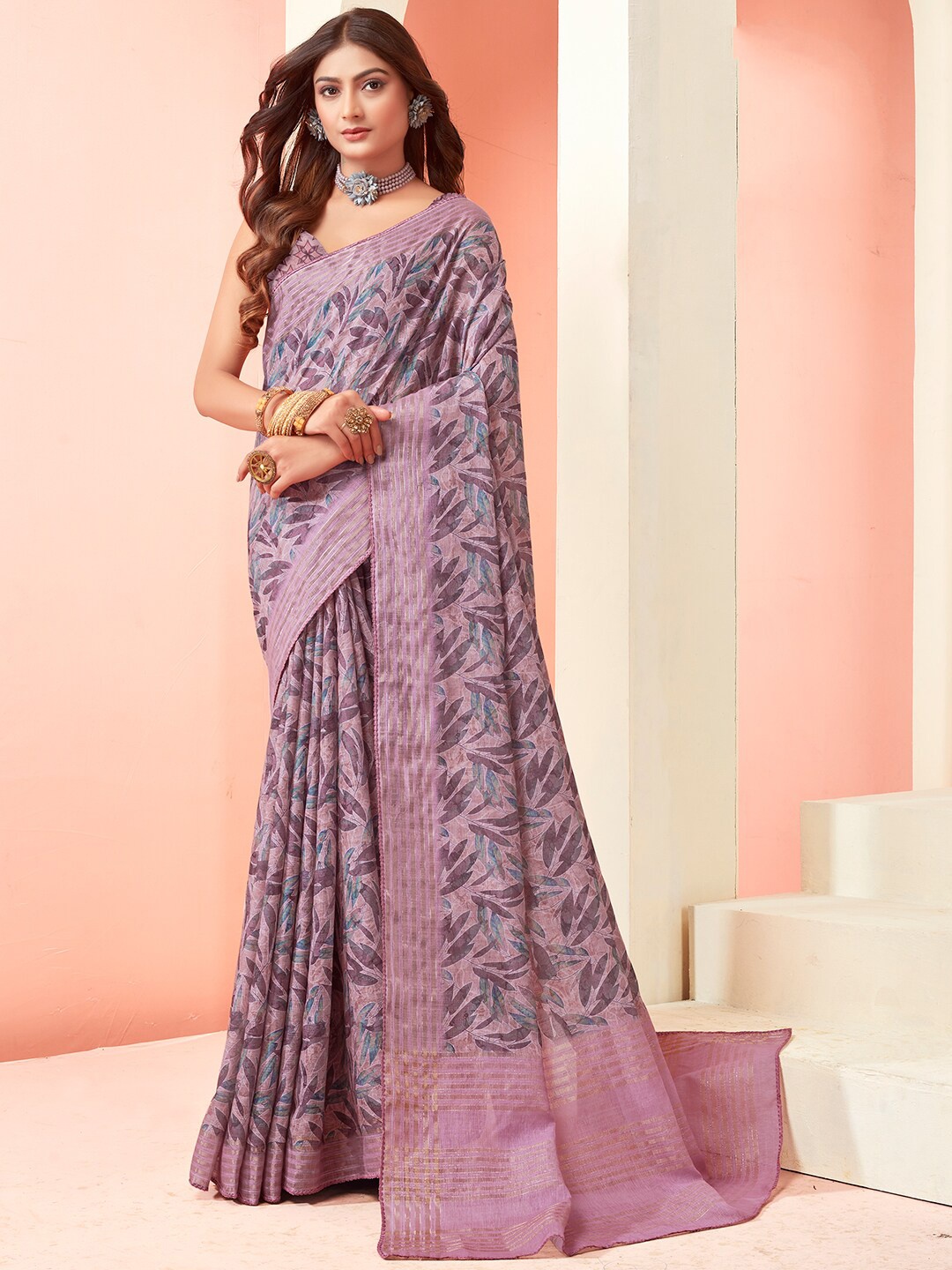

SANSKAR Floral Zari Pure Cotton Saree, Lavender