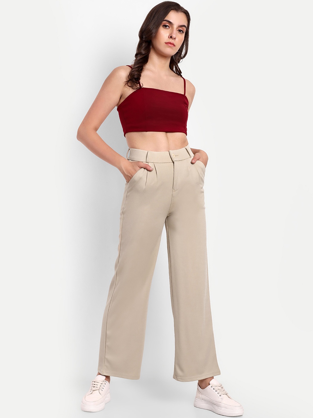 

BROADSTAR Women Pleated Korean Pants, Beige