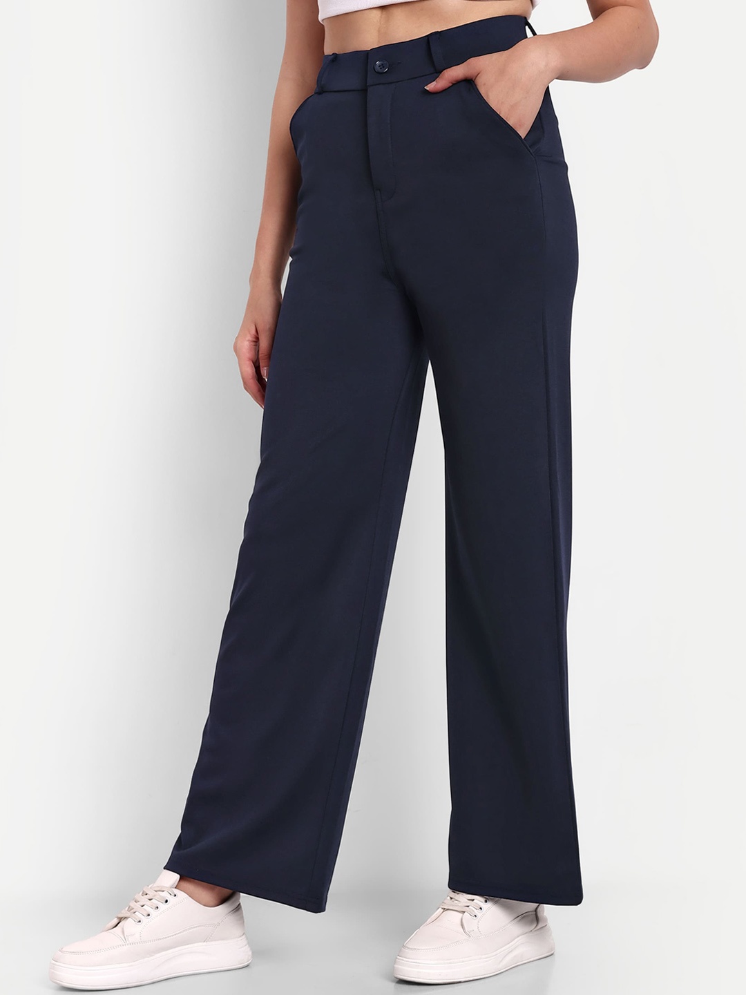 

BROADSTAR Women Smart Loose Fit High-Rise Formal Trousers, Navy blue