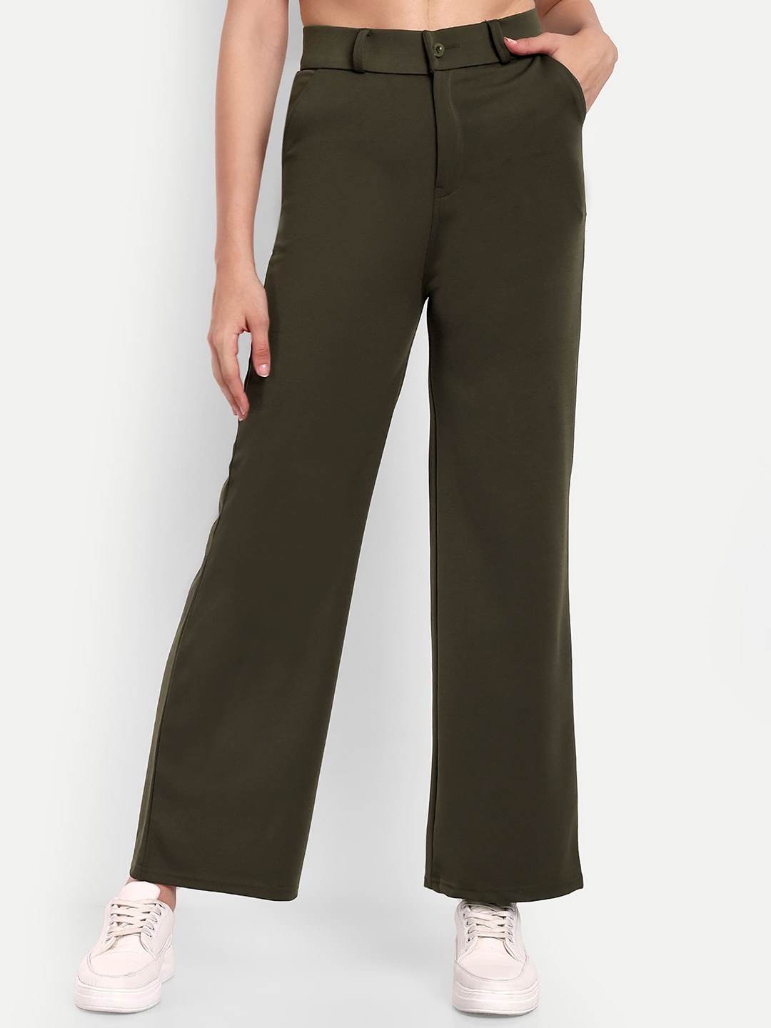 

BROADSTAR Women Smart Loose Fit High-Rise Formal Trousers, Olive