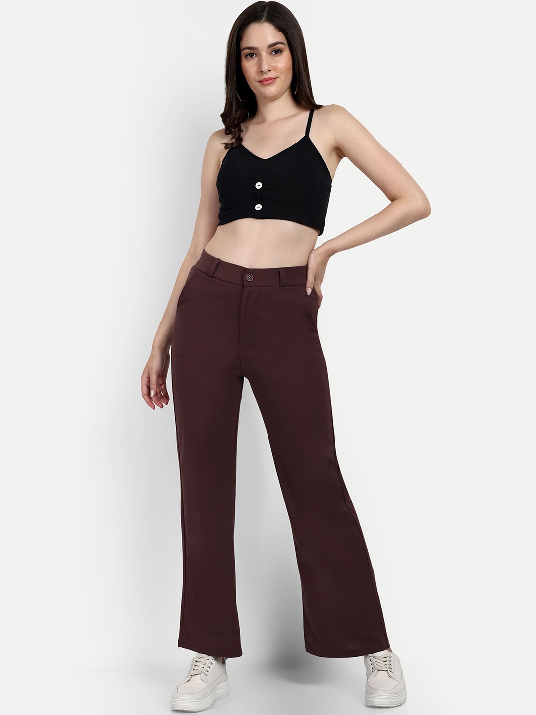 

BROADSTAR Women Smart Loose Fit High-Rise Easy Wash Stretchable Parallel Trousers, Brown