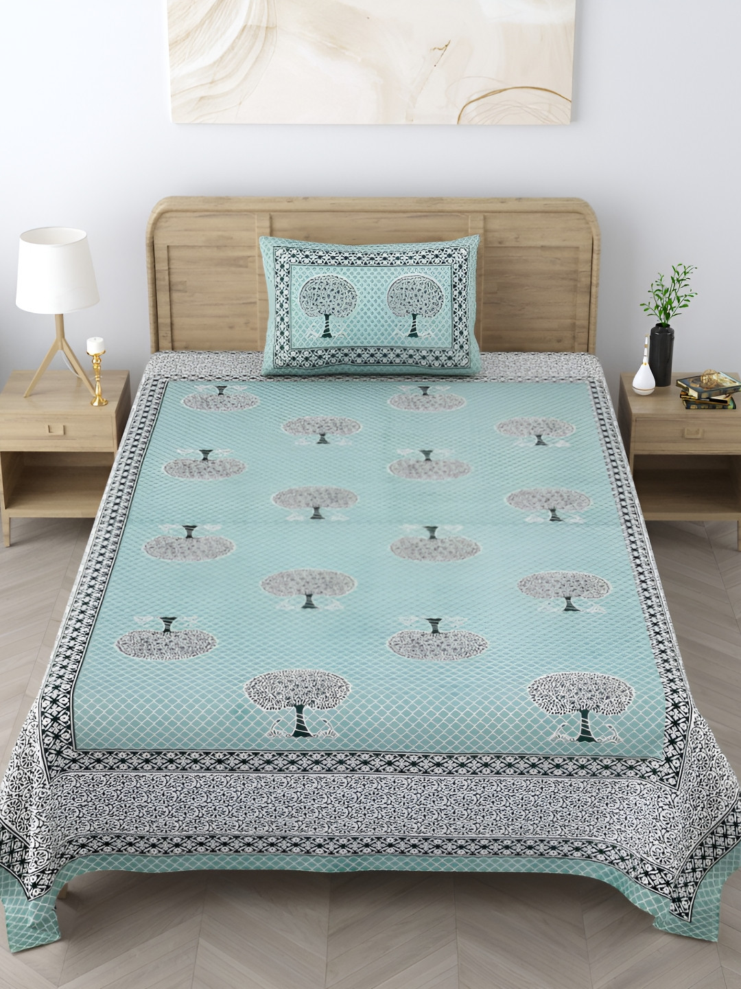 

EasyGoods Green & White Floral 250 TC Single Cotton Bedsheet with 1 Pillow Cover