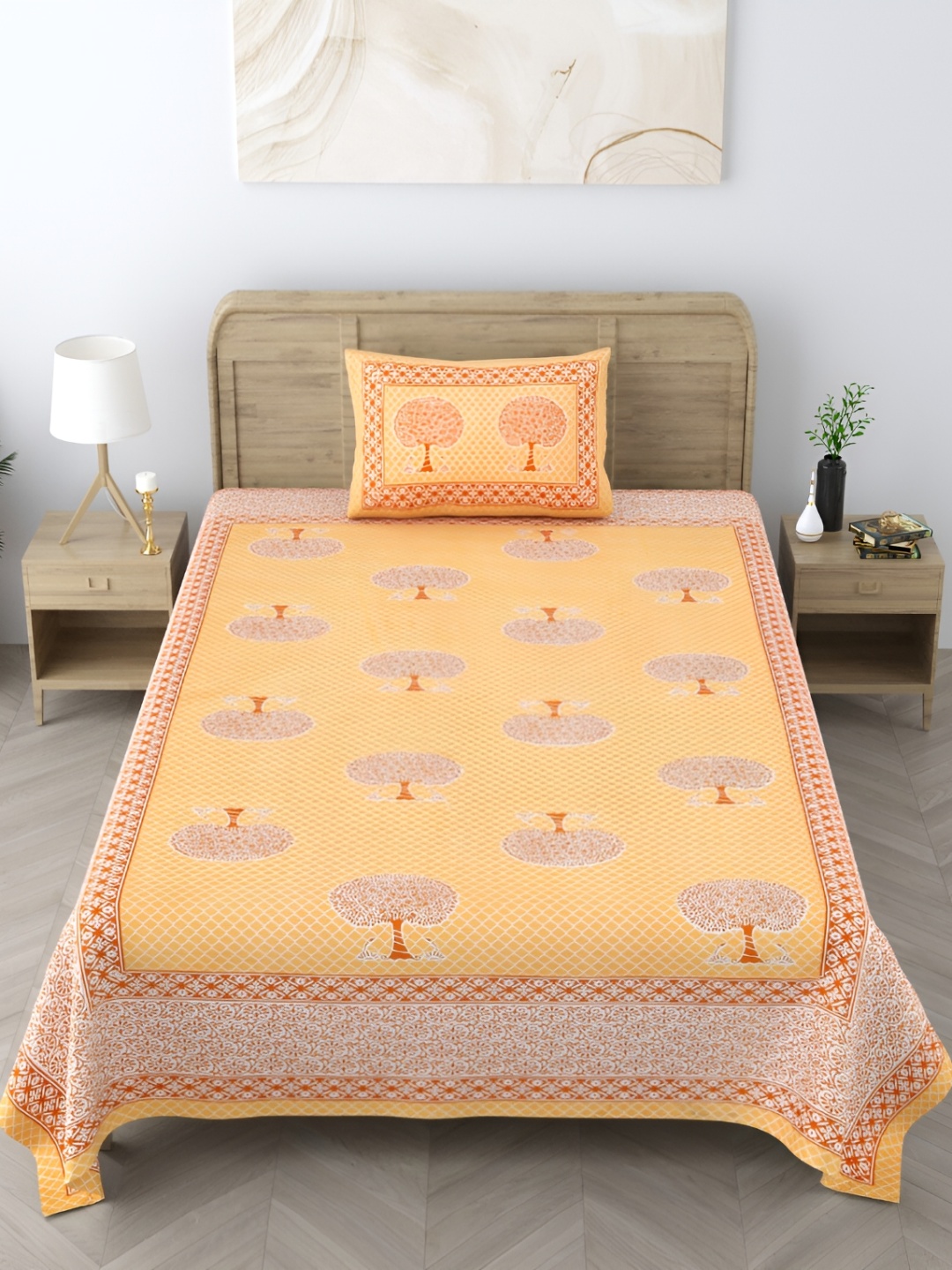 

EasyGoods Yellow & White Floral 250 TC Single Cotton Bedsheet with 1 Pillow Covers