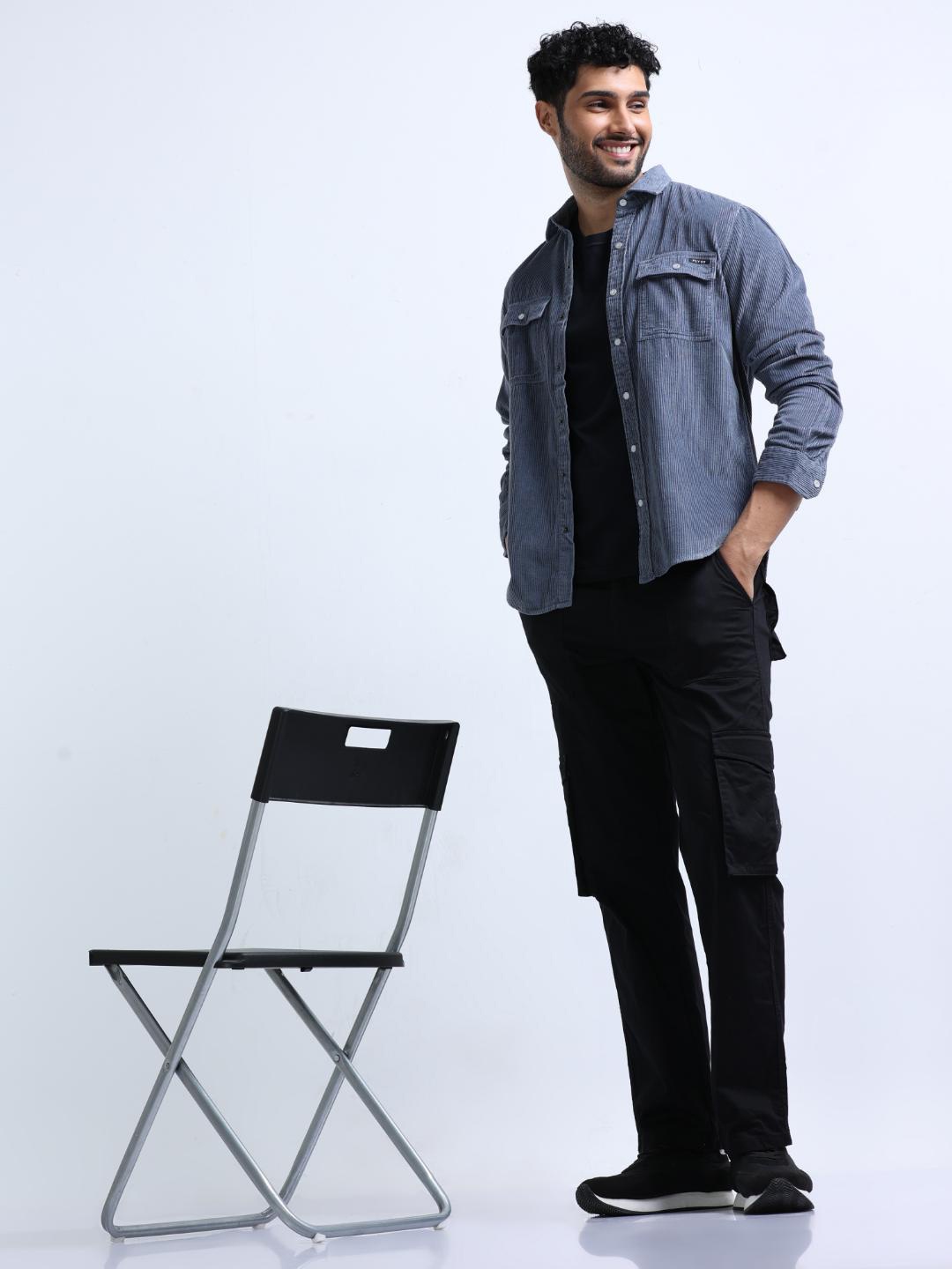 

FLY 69 Premium Slim Fit Spread Collar Corduroy Shacket, Grey