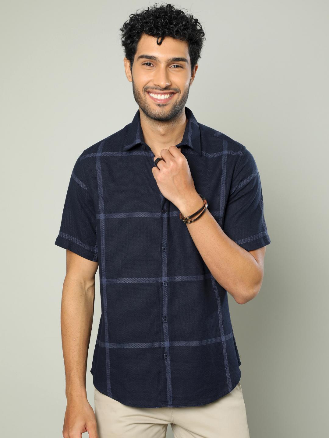 

FLY 69 Premium Slim Fit Windowpane Checked Pure Cotton Casual Shirt, Navy blue