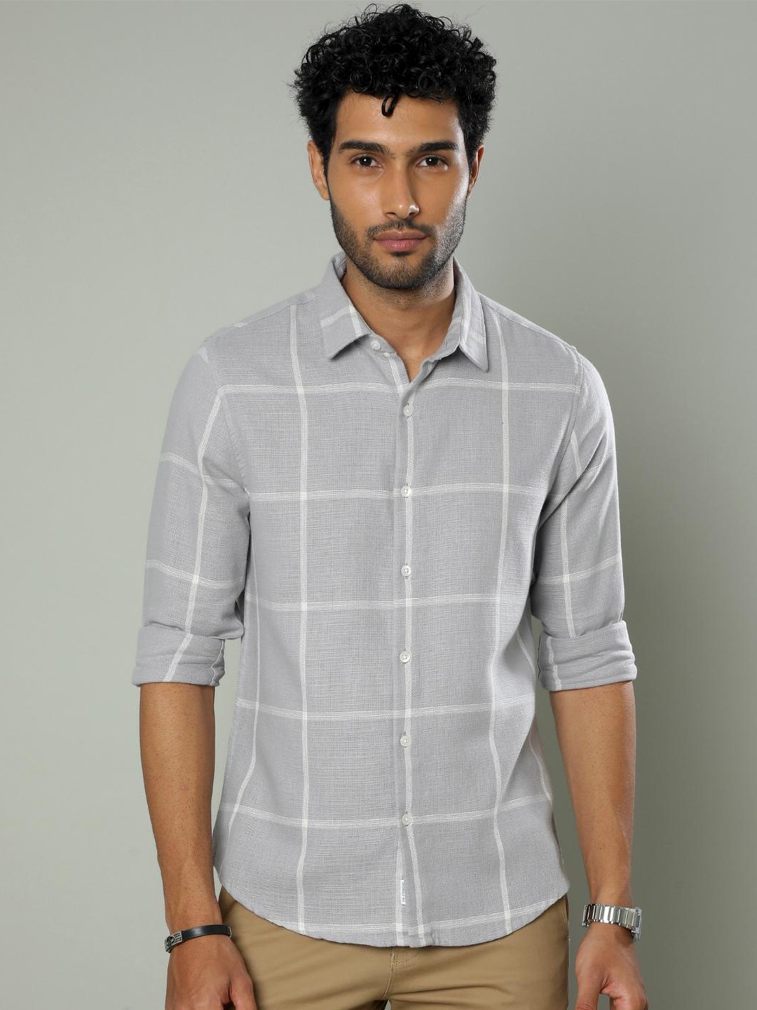 

FLY 69 Premium Slim Fit Windowpane Checks Pure Cotton Casual Shirt, Grey