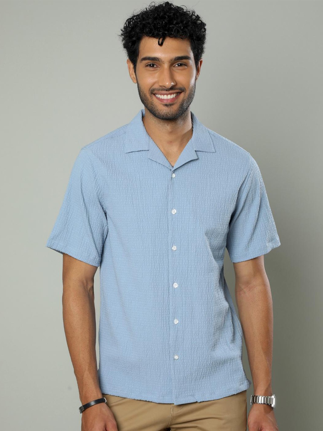 

FLY 69 Premium Boxy Textured Cuban Collar Casual Shirt, Blue