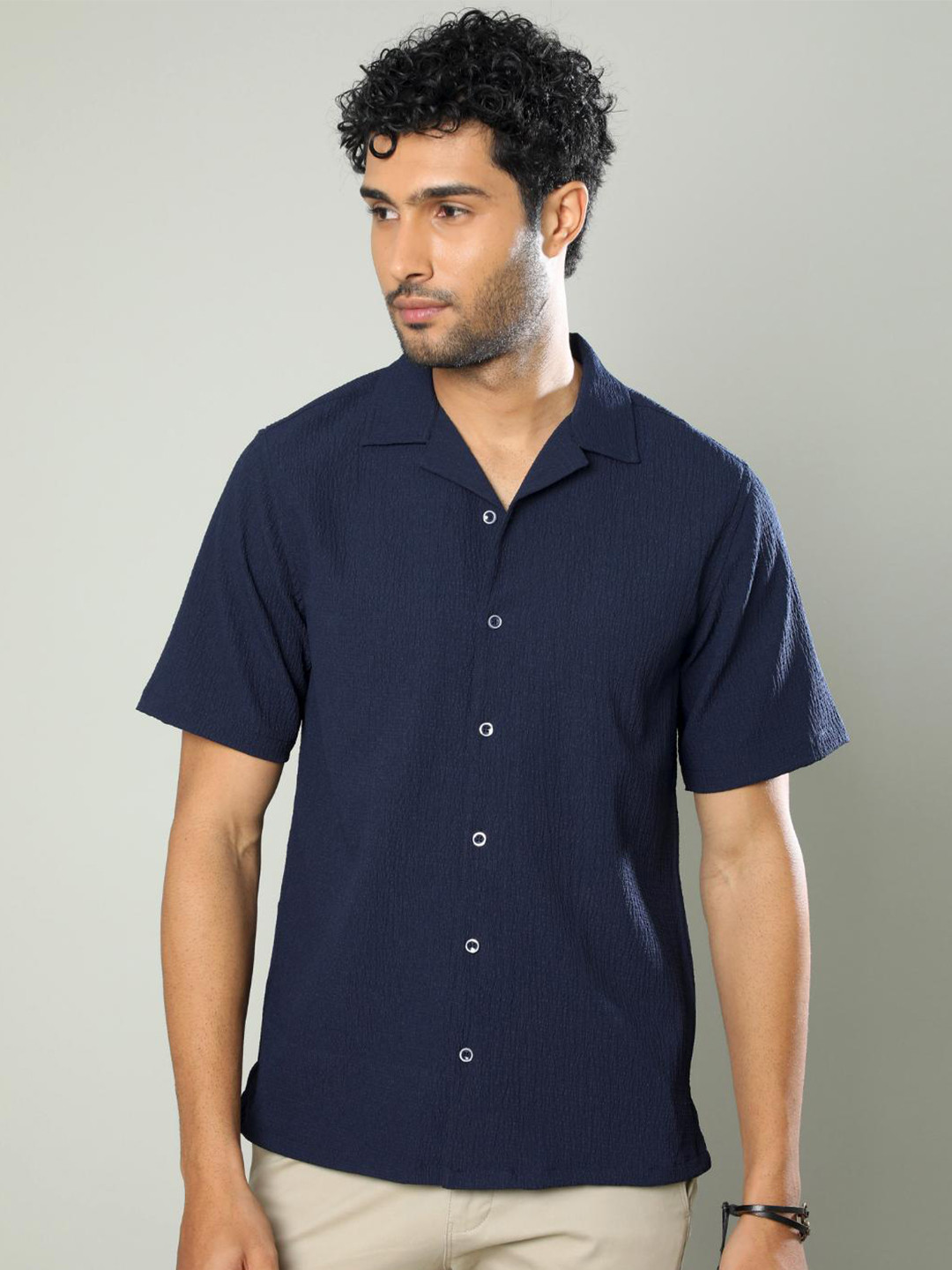 

FLY 69 Premium Boxy Cuban Collar Casual Shirt, Navy blue