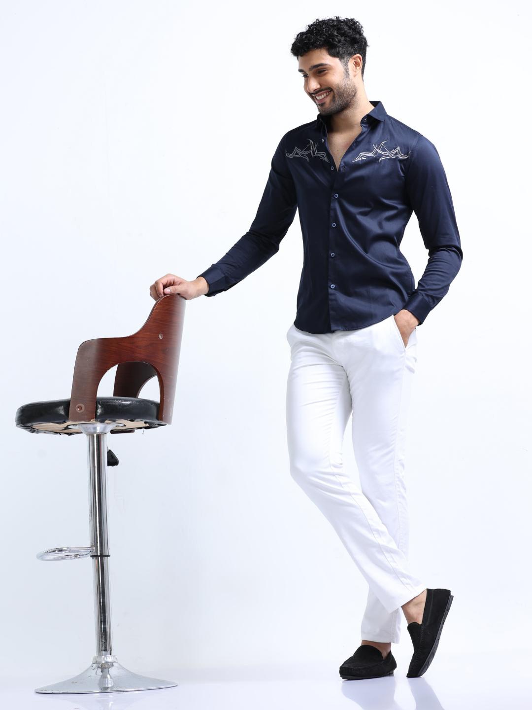 

FLY 69 Premium Slim Fit Pure Cotton Casual Shirt, Navy blue