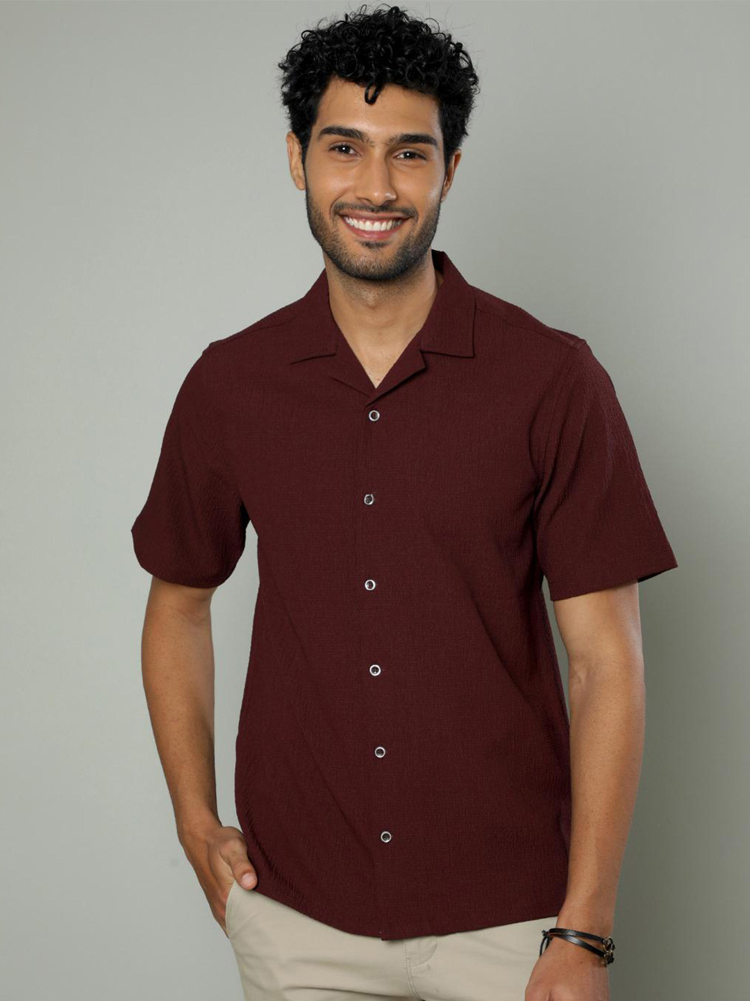

FLY 69 Premium Self Design Boxy Casual Shirt, Maroon
