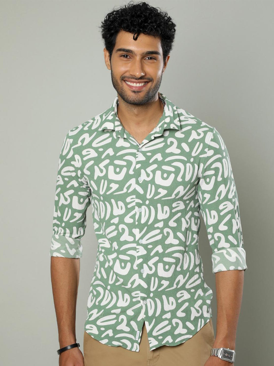 

FLY 69 Premium Slim Fit Abstract Printed Casual Shirt, Green
