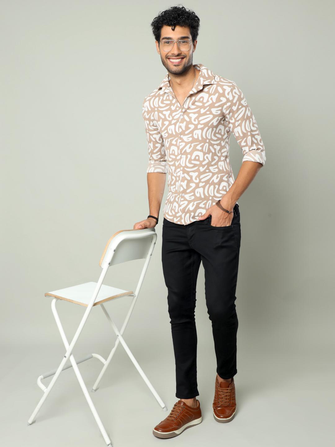 

FLY 69 Premium Slim Fit Floral Printed Casual Shirt, Camel brown