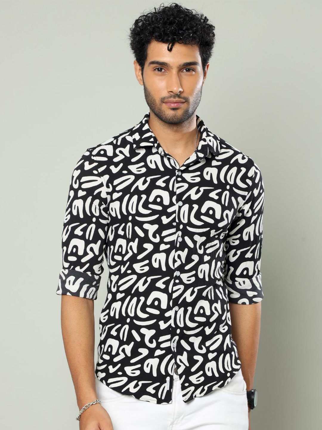 

FLY 69 Premium Slim Fit Abstract Printed Casual Shirt, Black