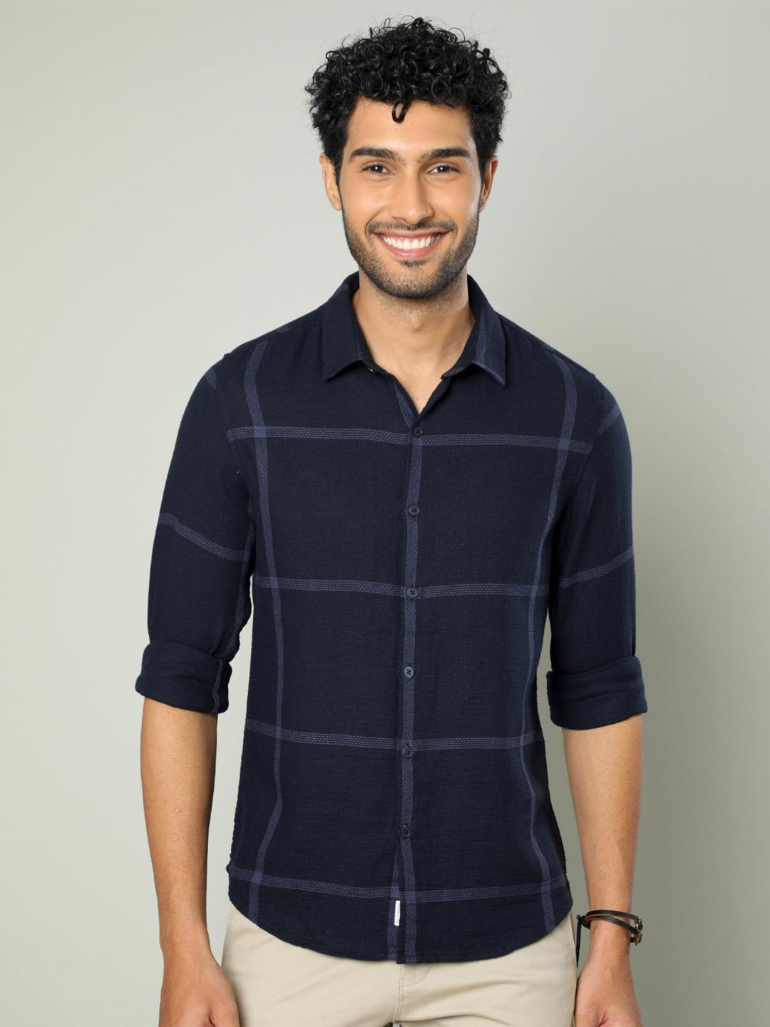 

FLY 69 Premium Slim Fit Windowpane Checks Pure Cotton Casual Shirt, Navy blue