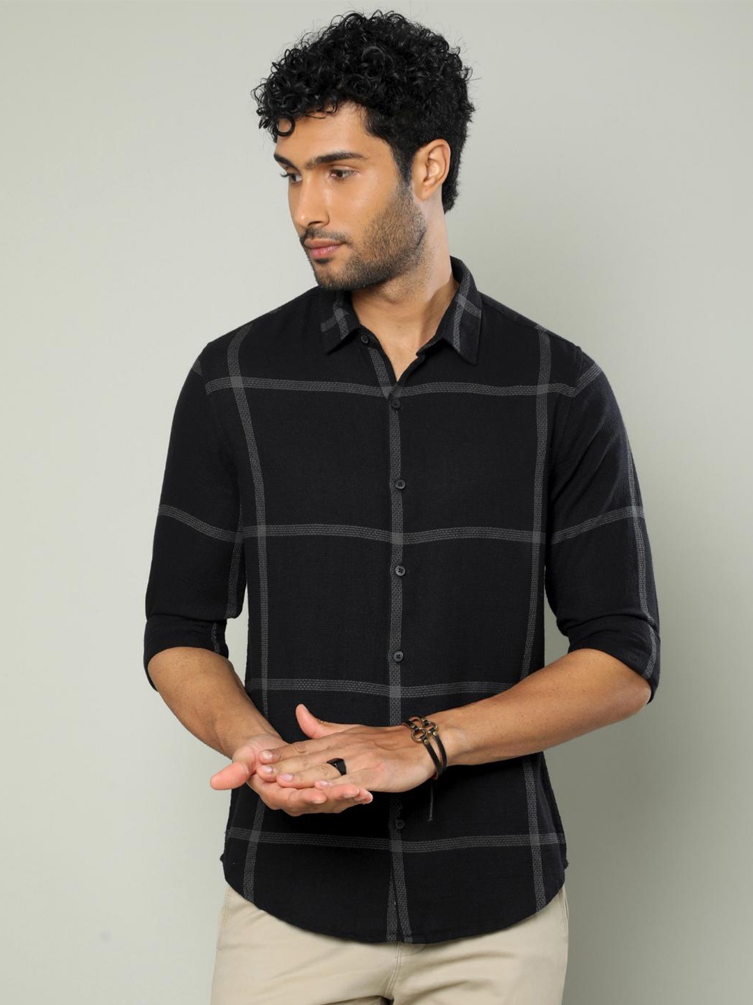 

FLY 69 Premium Slim Fit Windowpane Checked Pure Cotton Casual Shirt, Black