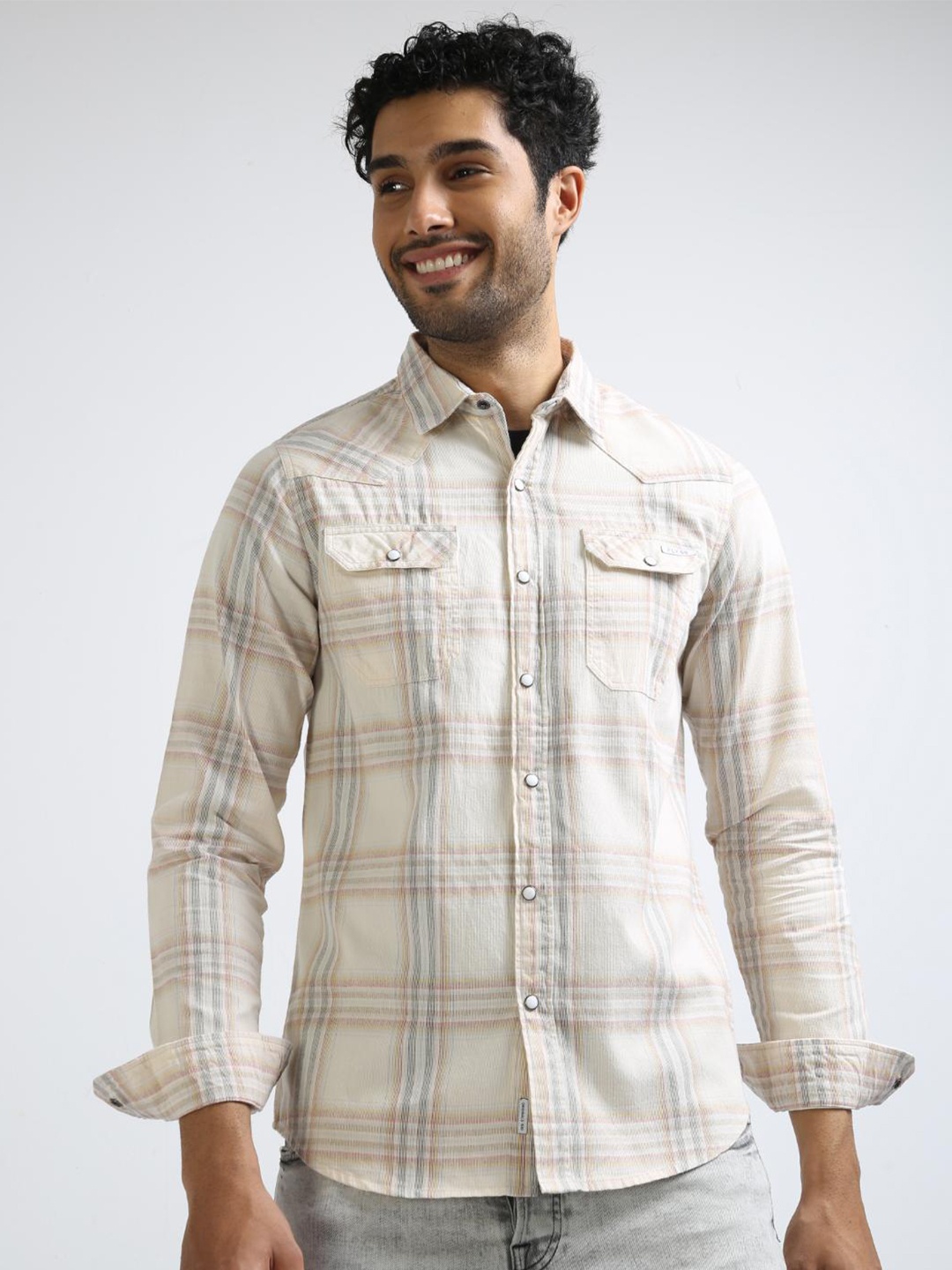 

FLY 69 Premium Slim Fit Tartan Checked Pure Cotton Casual Shirt, Cream