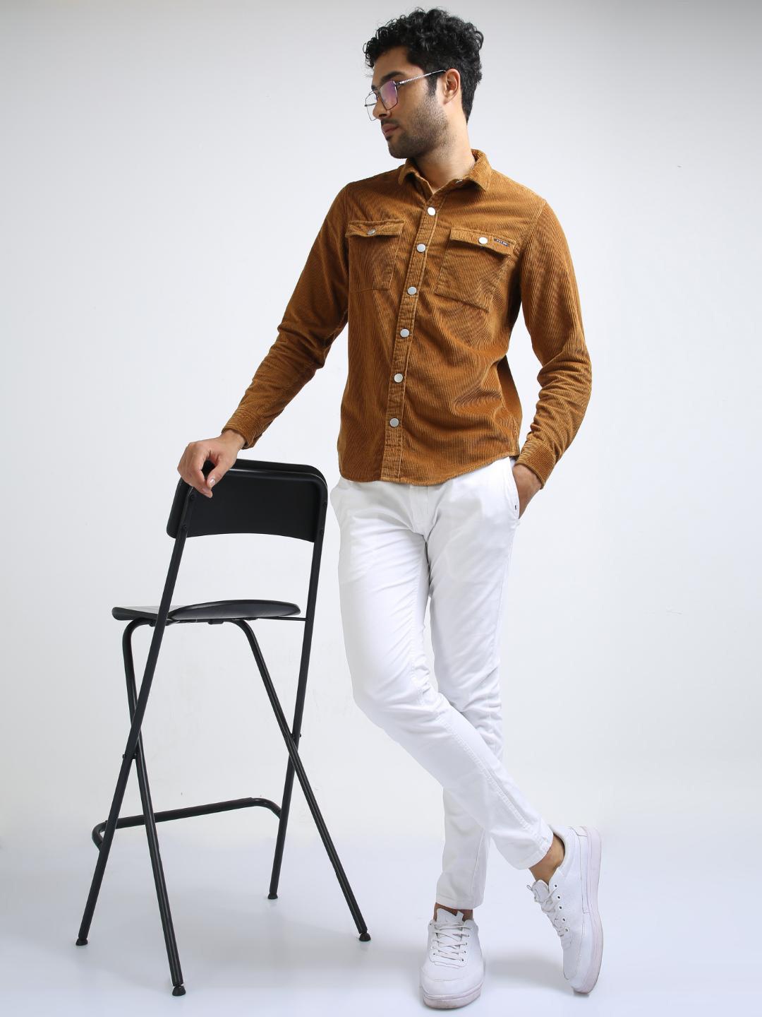 

FLY 69 Premium Slim Fit Spread Collar Corduroy Shacket, Brown