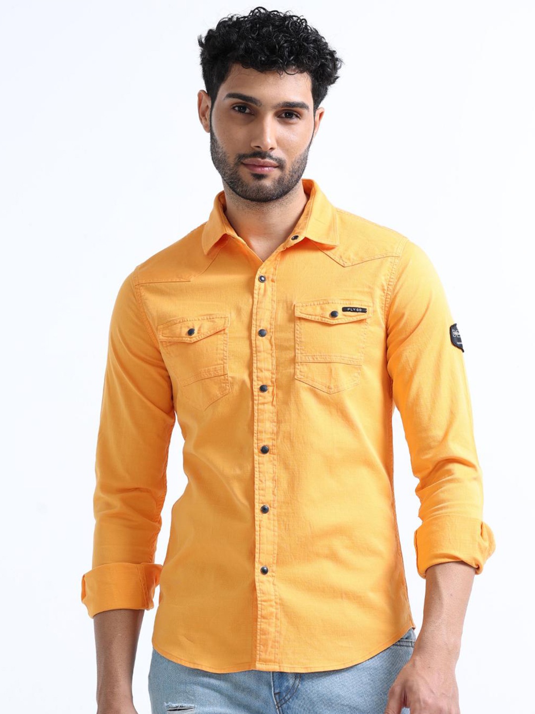 

FLY 69 Premium Slim Fit Spread Collar Pure Cotton Casual Shirt, Mustard