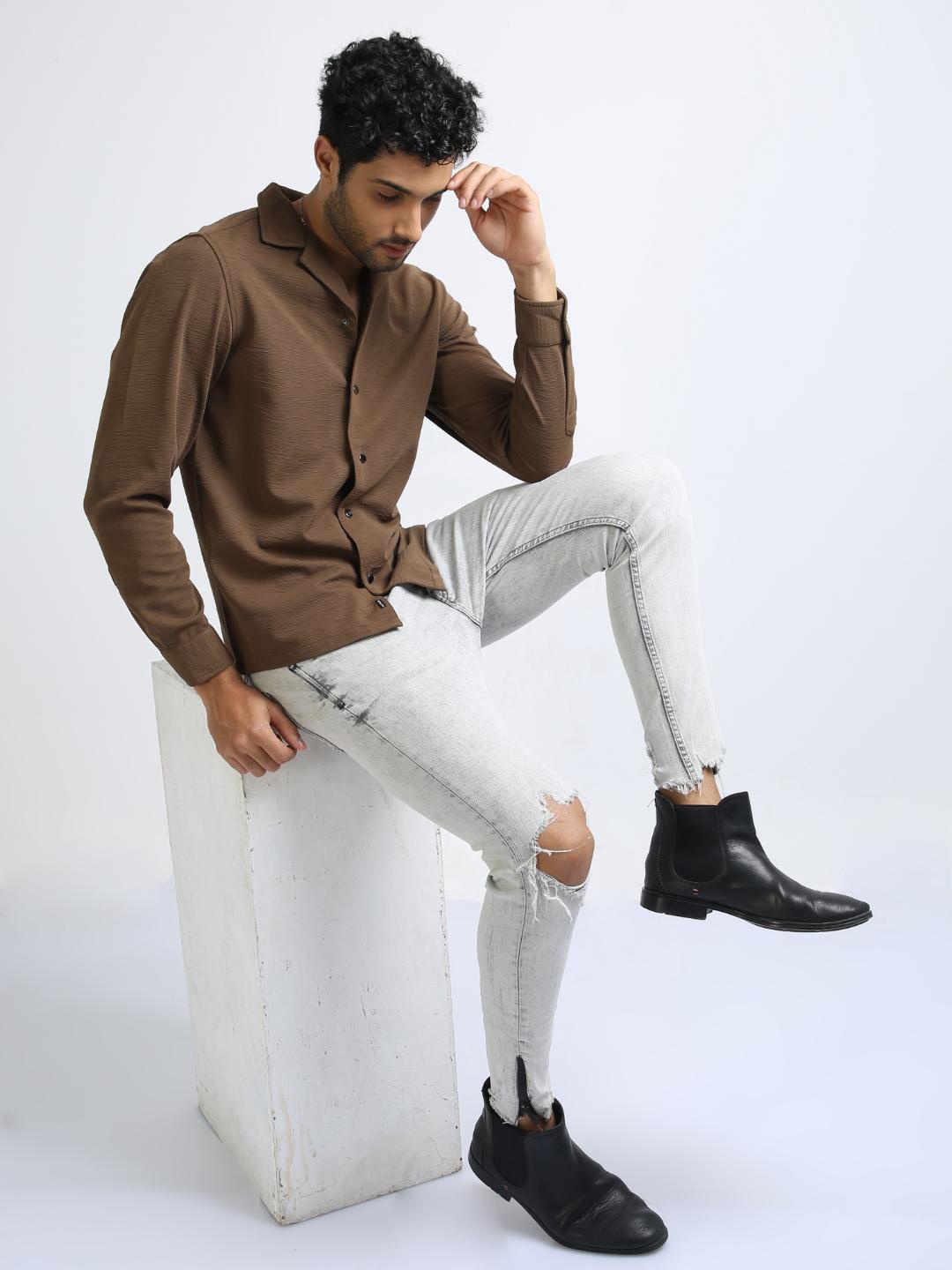 

FLY 69 Premium Self Design Pure Cotton Boxy Casual Shirt, Brown