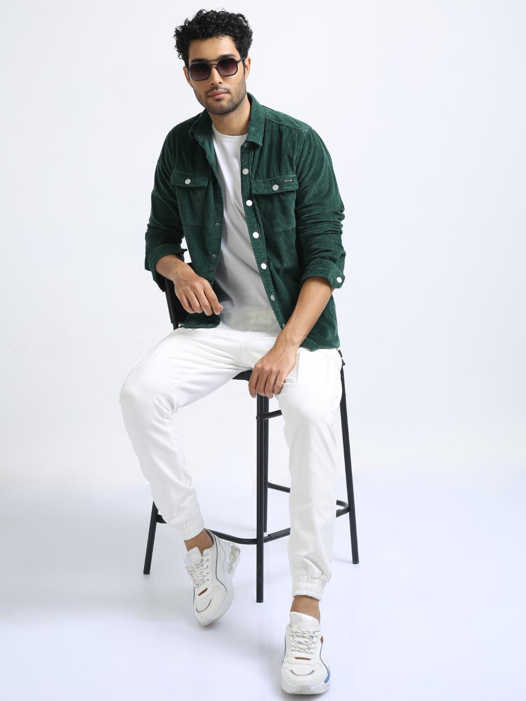 

FLY 69 Premium Slim Fit Textured Corduroy Shacket, Green