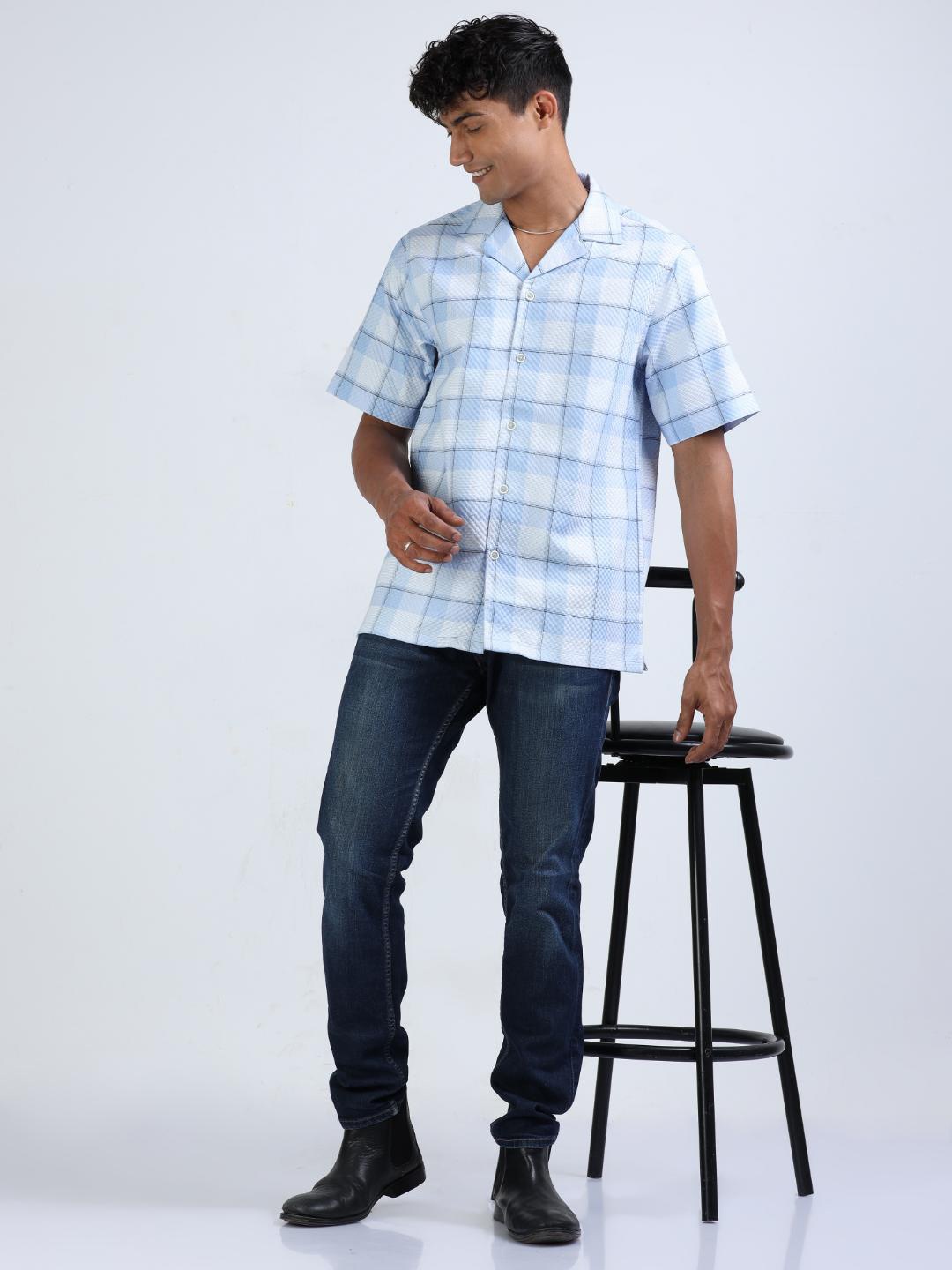 

FLY 69 Premium Boxy Tartan Checked Cuban Collar Casual Shirt, White