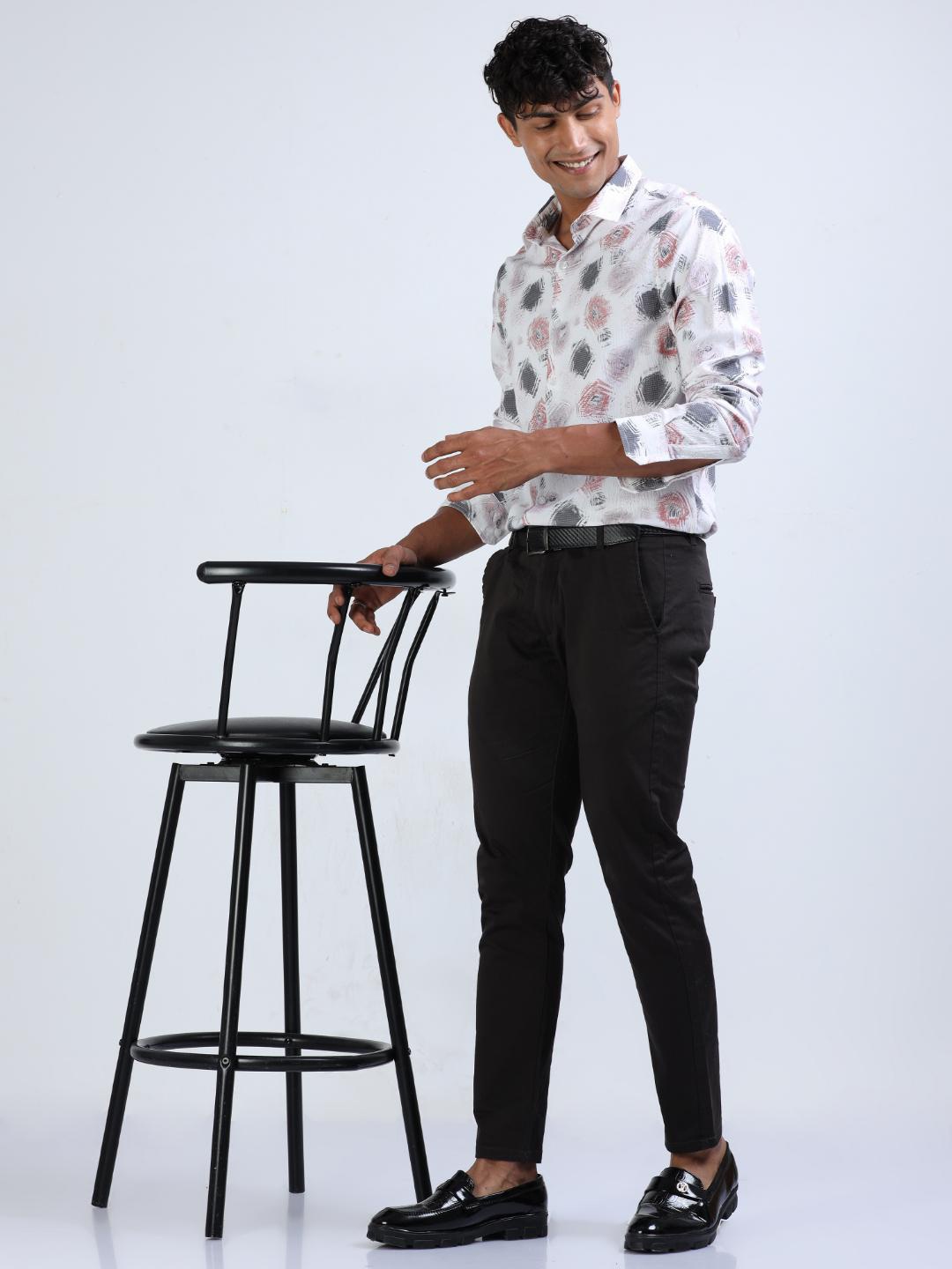 

FLY 69 Premium Slim Fit Abstract Printed Casual Shirt, White