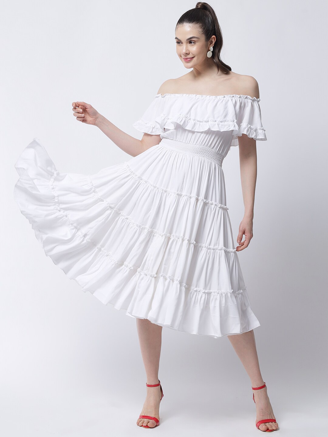 

MARC LOUIS Off-Shoulder Ruffled Crepe Fit & Flare Midi Dress, White