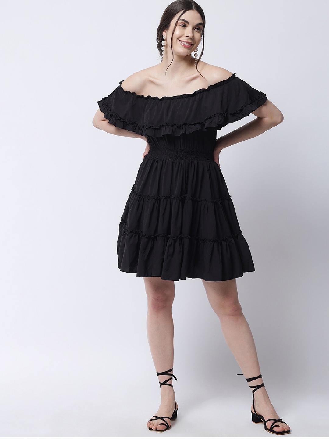 

MARC LOUIS Off-Shoulder Ruffles Fit & Flare Dress, Black