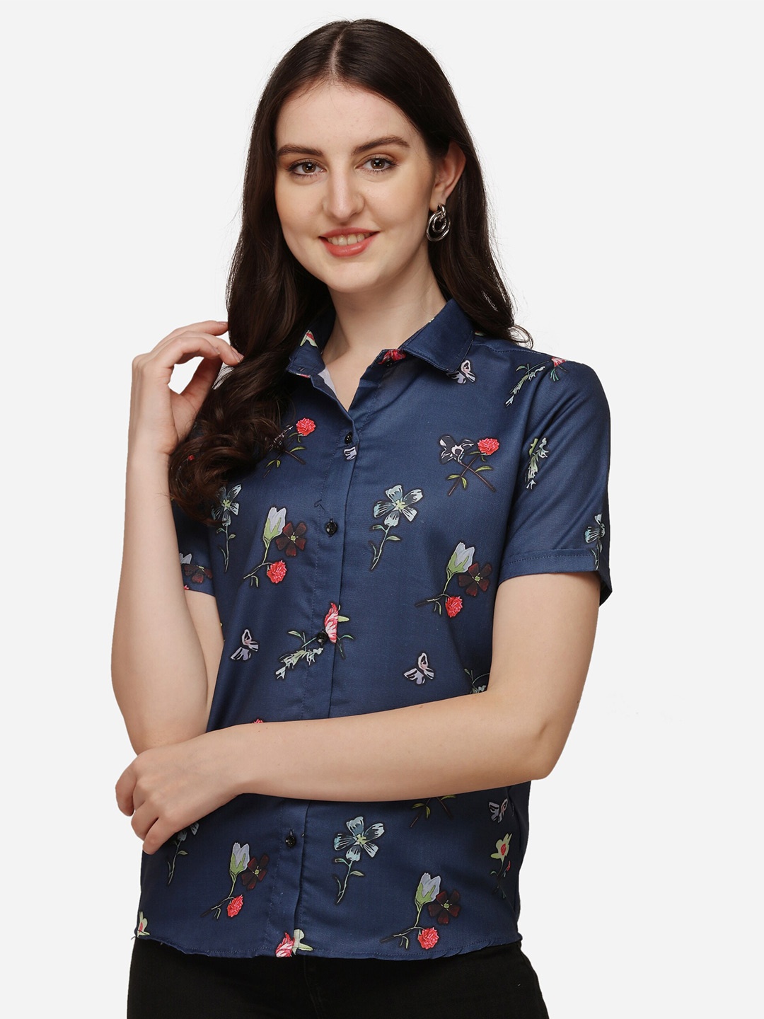 

GETCHI Comfort Floral Printed Short Sleeves Cotton Casual Shirt, Navy blue