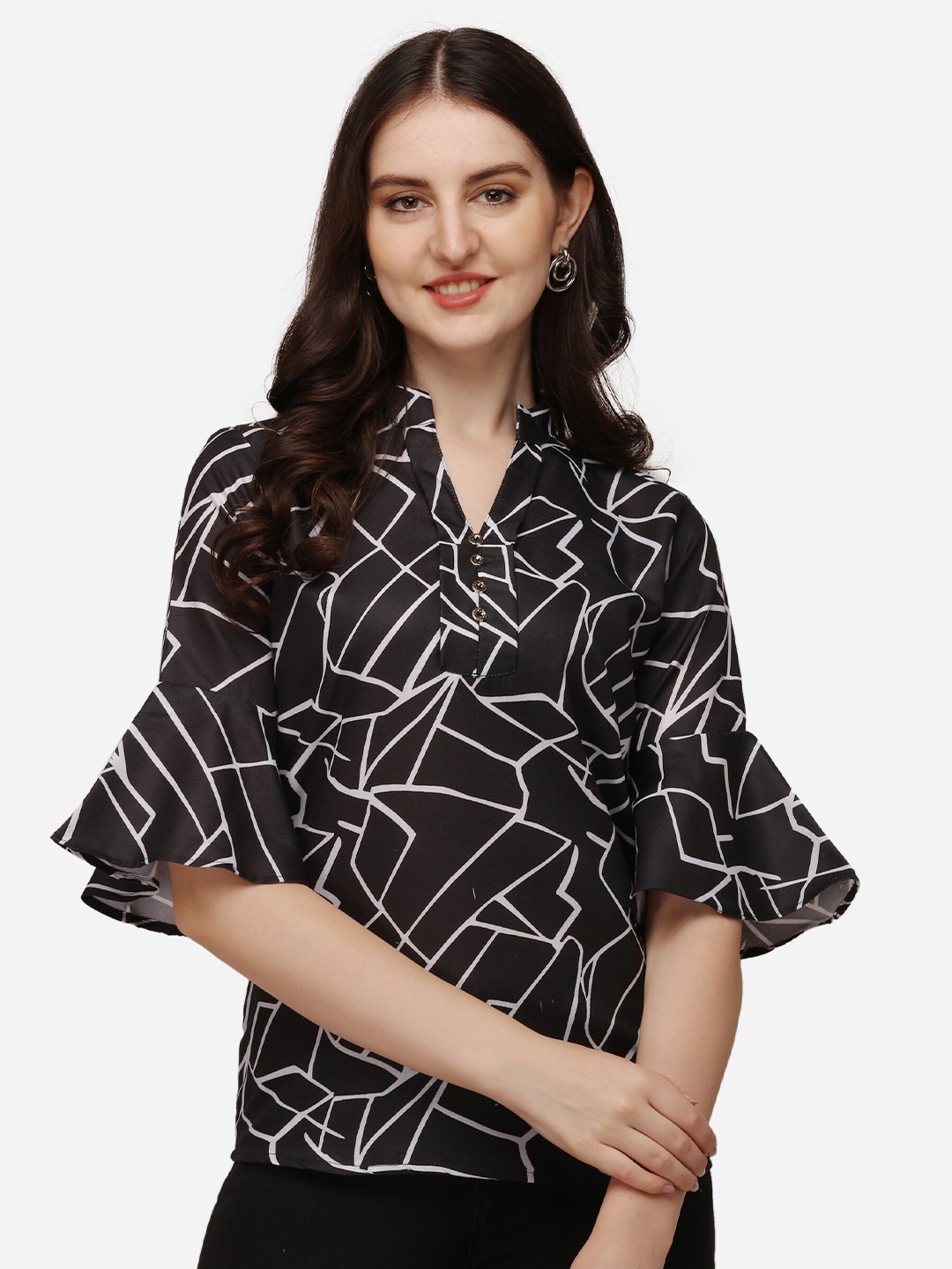 

GETCHI Abstract Printed Mandarin Collar Bell Sleeves Cotton Shirt Style Top, Black