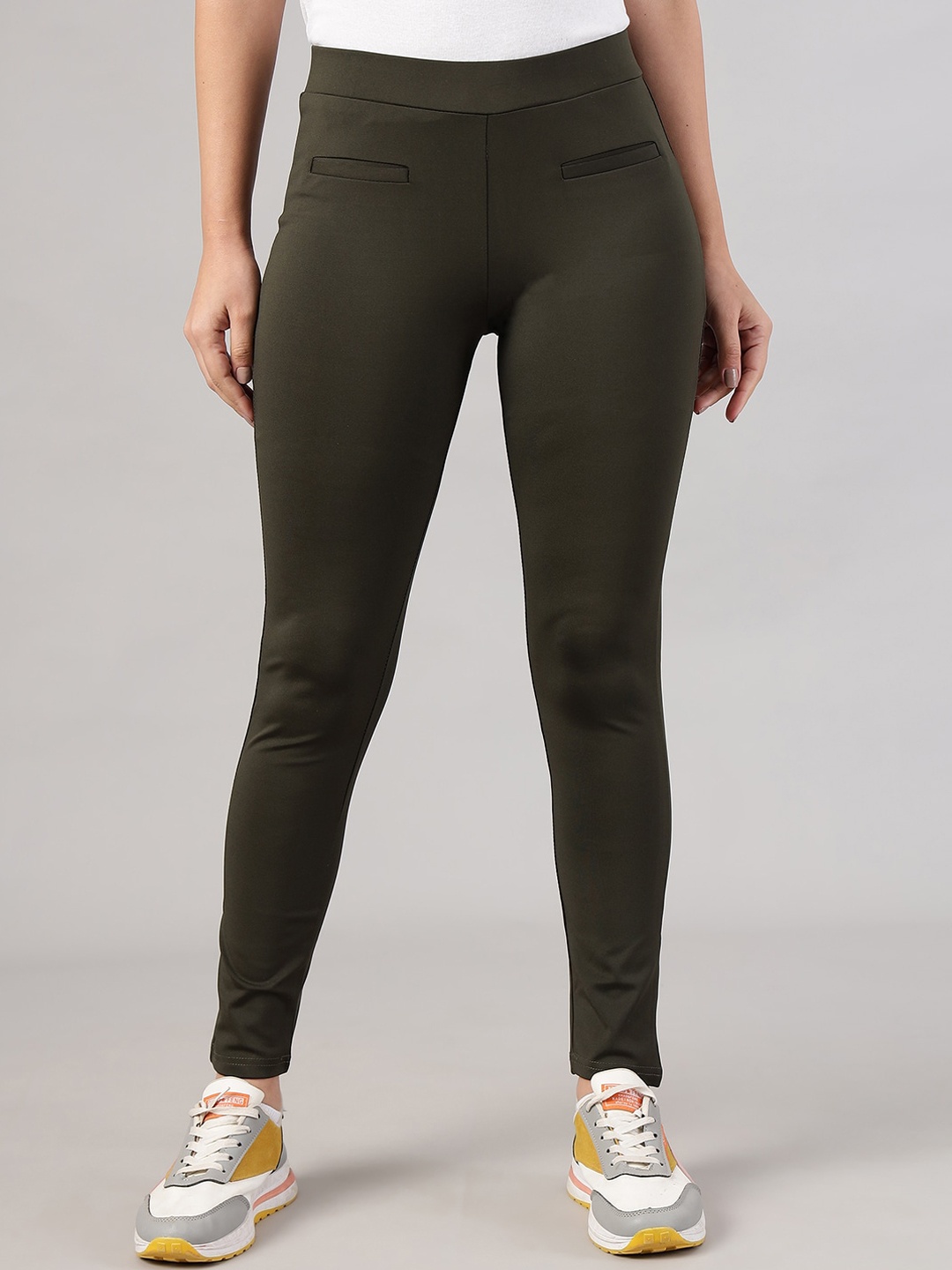 

FITHUB Women High Rise Skinny Fit Ankle Length Tights, Olive