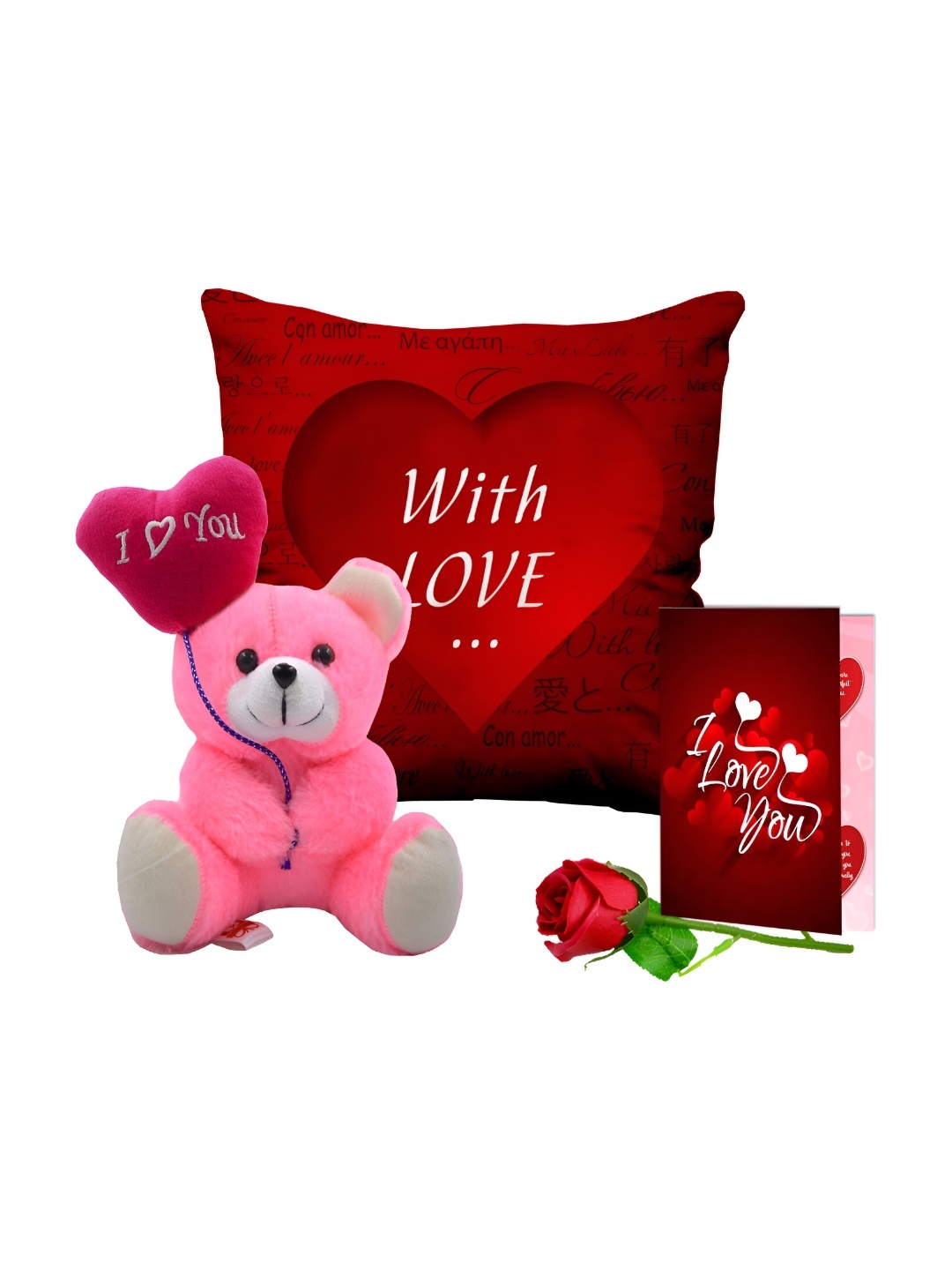

ME & YOU Red & Pink 4 Pieces Printed Cushion With Teddy & Card Home Gift Set