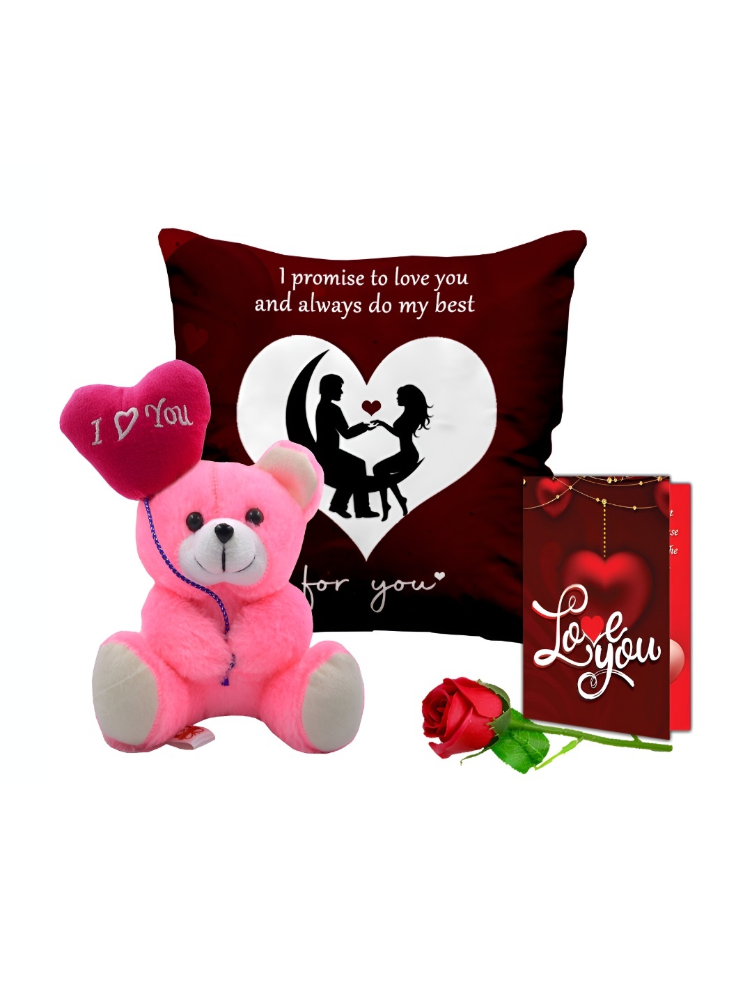 

ME & YOU 4-Pcs Red & Pink Printed Cushion With Teddy & Card & Rose Home Gift Set