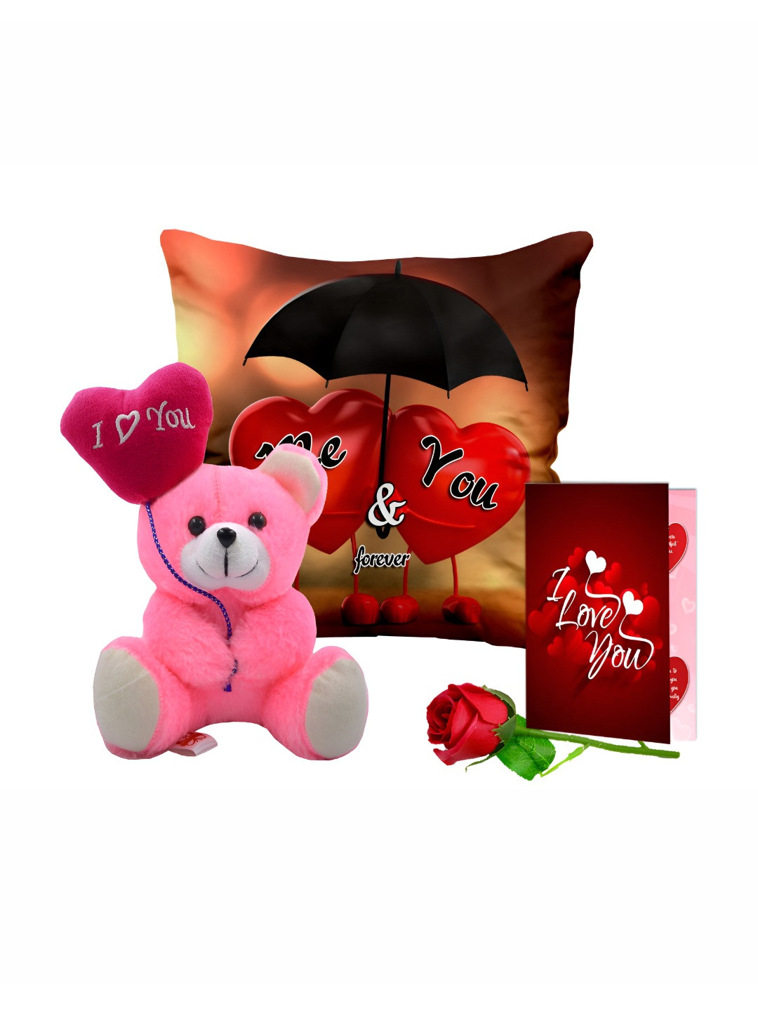 

ME & YOU 4 Pieces Pink & Red Printed Cushion Teddy Greeting Card & Rose Valentine Gift Set