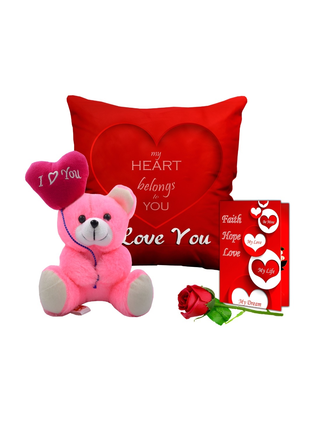 

ME & YOU Red & Pink 4 Pcs Printed Cushion With Teddy & Card & Rose Home Gift Set