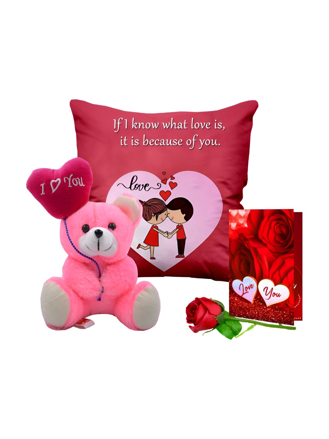 

ME & YOU Red & Pink Printed Cushion With Teddy Rose & Card Home Gift Set