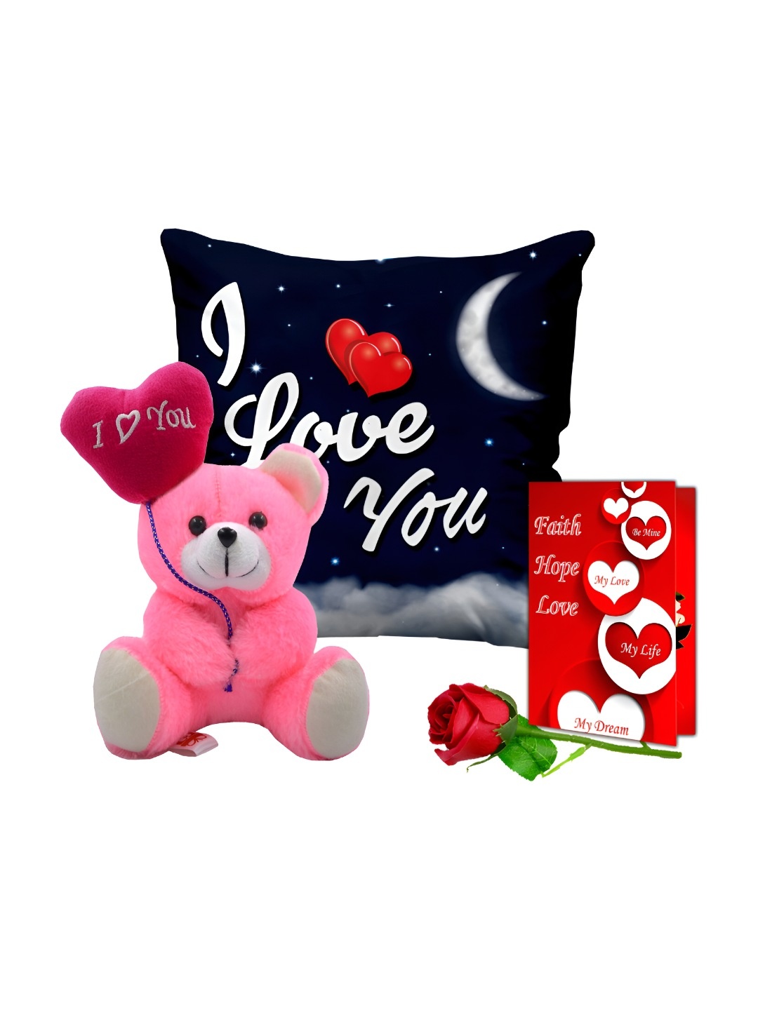 

ME & YOU 4 Pieces Pink & Navy blue Printed Cushion Teddy Card & Rose Valentine Gift Set