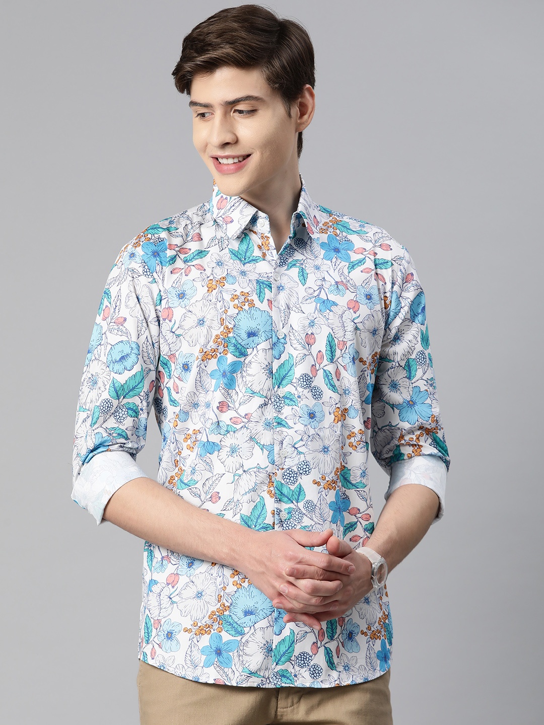 

Monsui Men Classic Floral Printed Casual Shirt, White