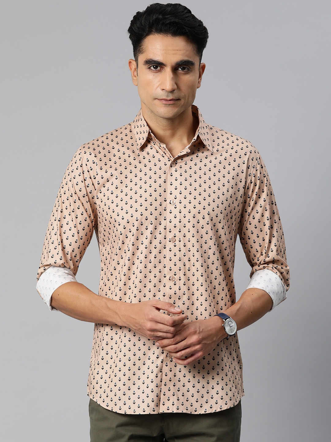 

Monsui Men Classic Opaque Printed Casual Shirt, Beige