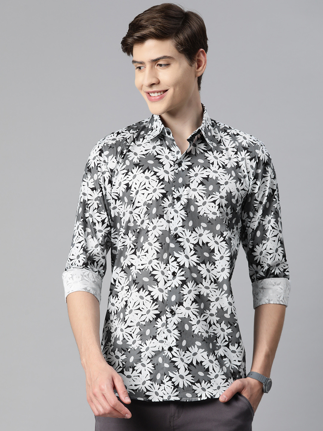 

Monsui Men Classic Floral Opaque Printed Casual Shirt, Grey