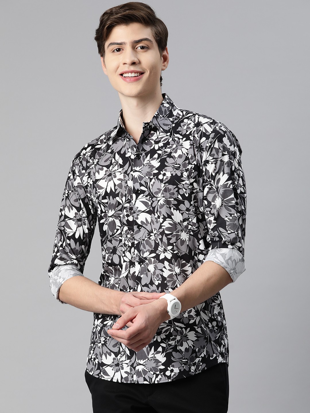 

Monsui Men Classic Floral Printed Casual Shirt, Grey