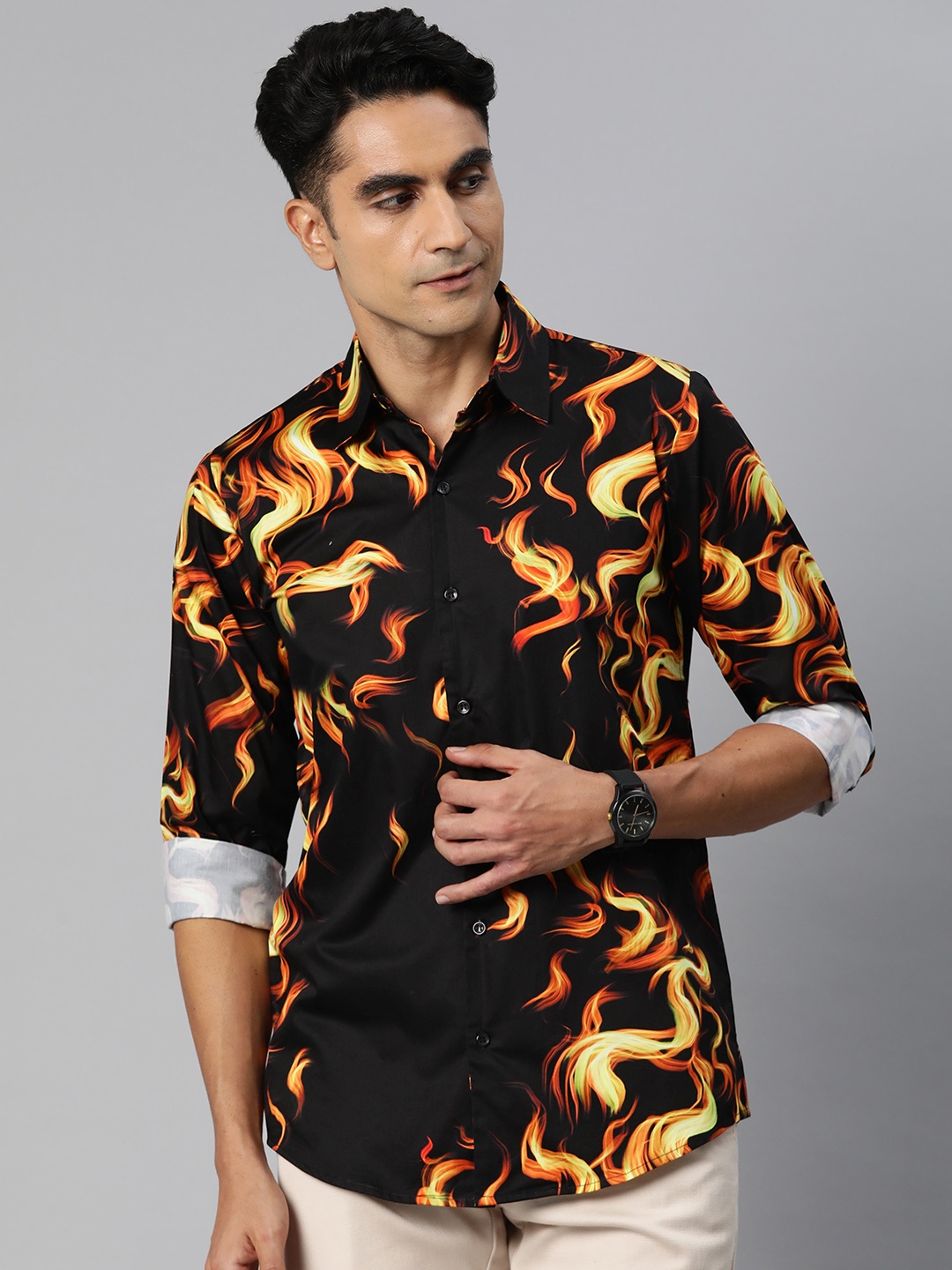 

Monsui Men Classic Printed Casual Shirt, Black