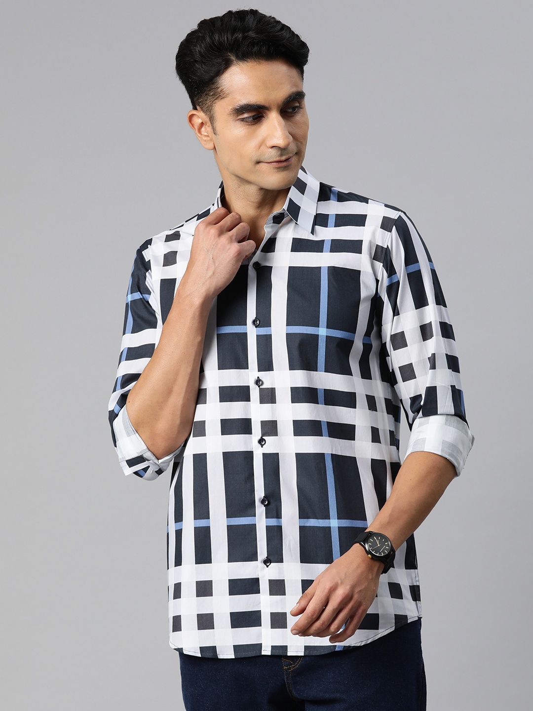 

Monsui Men Classic Printed Casual Shirt, Navy blue