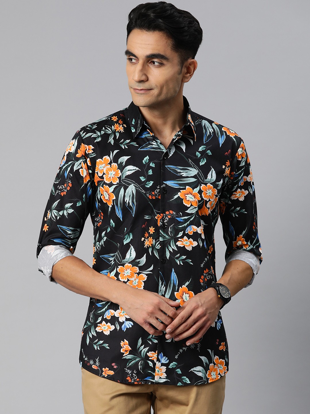

Monsui Men Classic Floral Printed Casual Shirt, Black